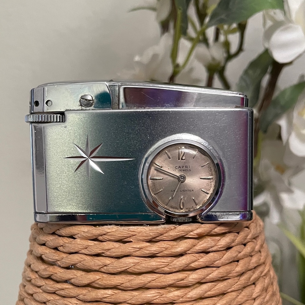 Vintage 60’s CAPRI 17 JEWELS Gas Butane Lighter Cigarette with Clock Collectible